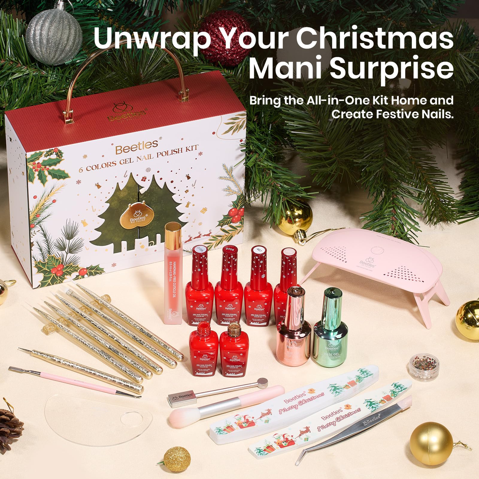 Beetles 27Pcs Gel Nail Polish Kit with UV Light – 6 Colors Red Gold Cat Eye Glitter Gel Set Soak Off DIY Home Salon Manicure Kit Gifts for Women Girls - Image 3