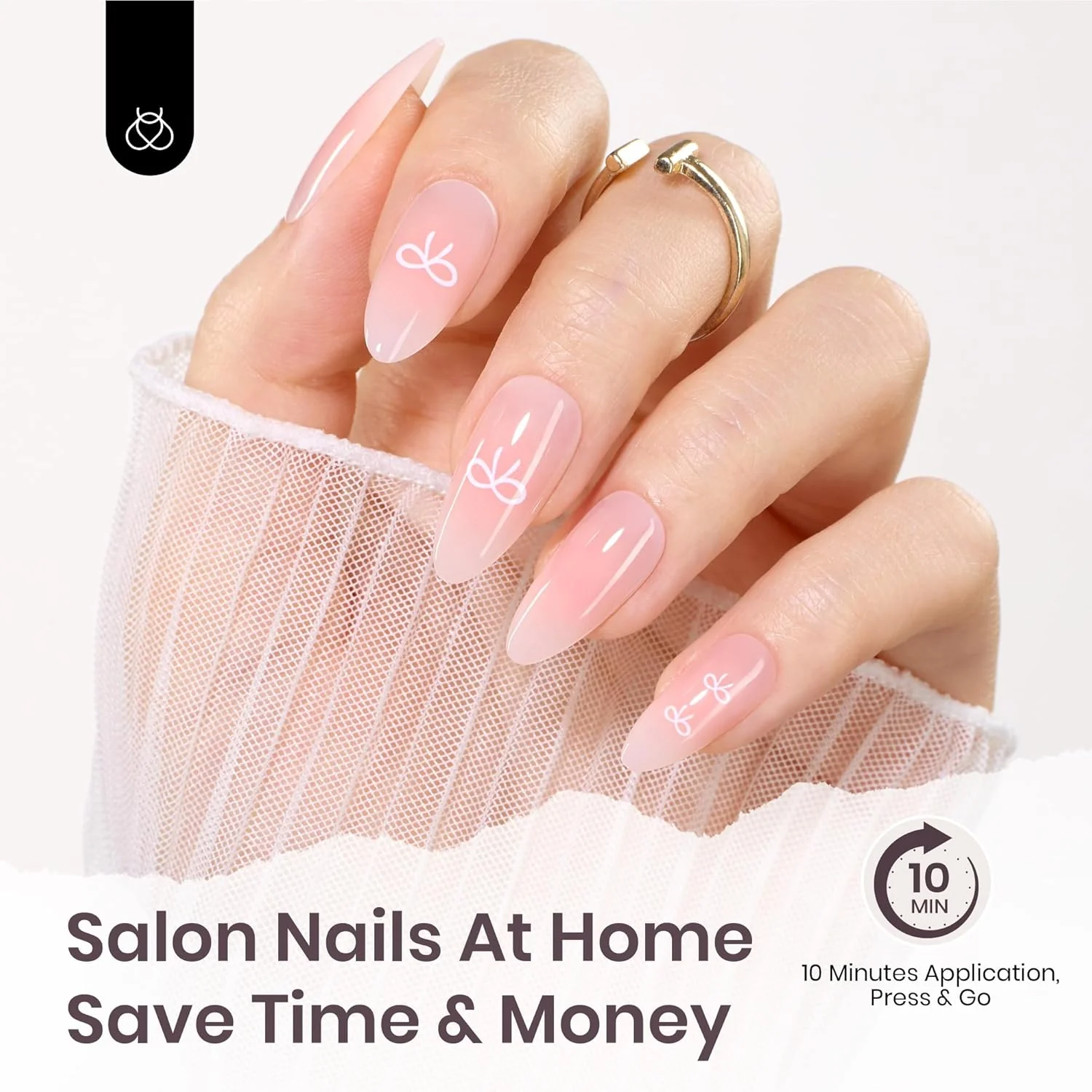 Beetles Blushing Bows Press on Nails | Medium Almond 15 Sizes-30Pcs - Image 3