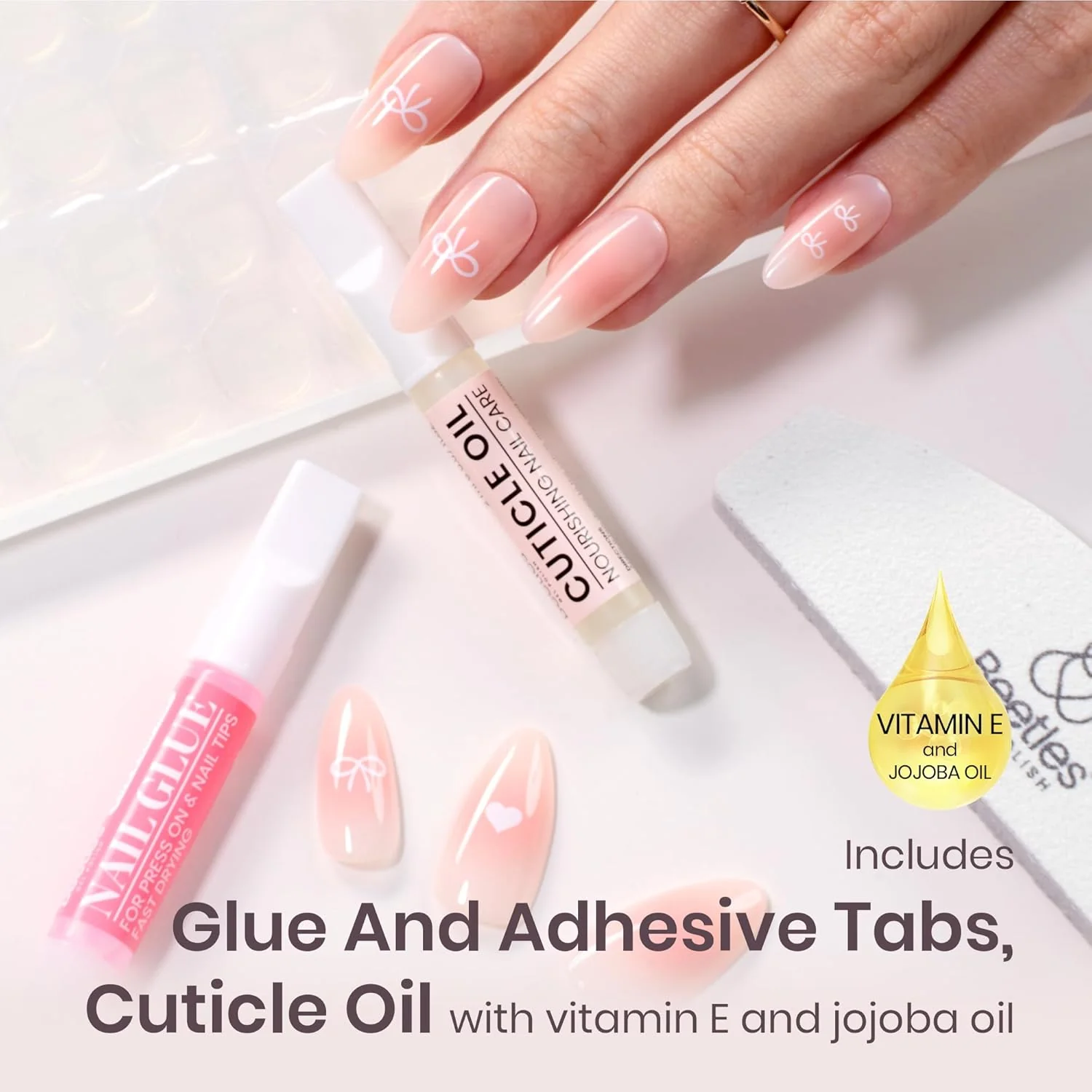 Beetles Blushing Bows Press on Nails | Medium Almond 15 Sizes-30Pcs - Image 4
