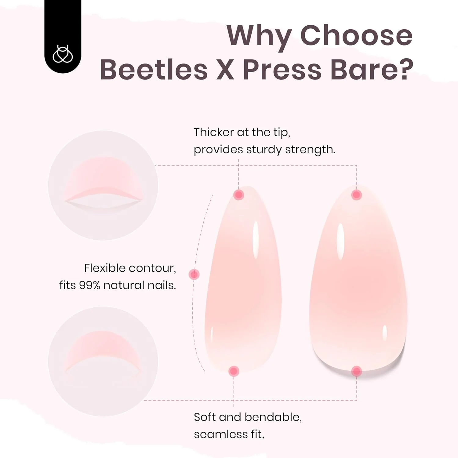 Beetles Blushing Bows Press on Nails | Medium Almond 15 Sizes-30Pcs - Image 5