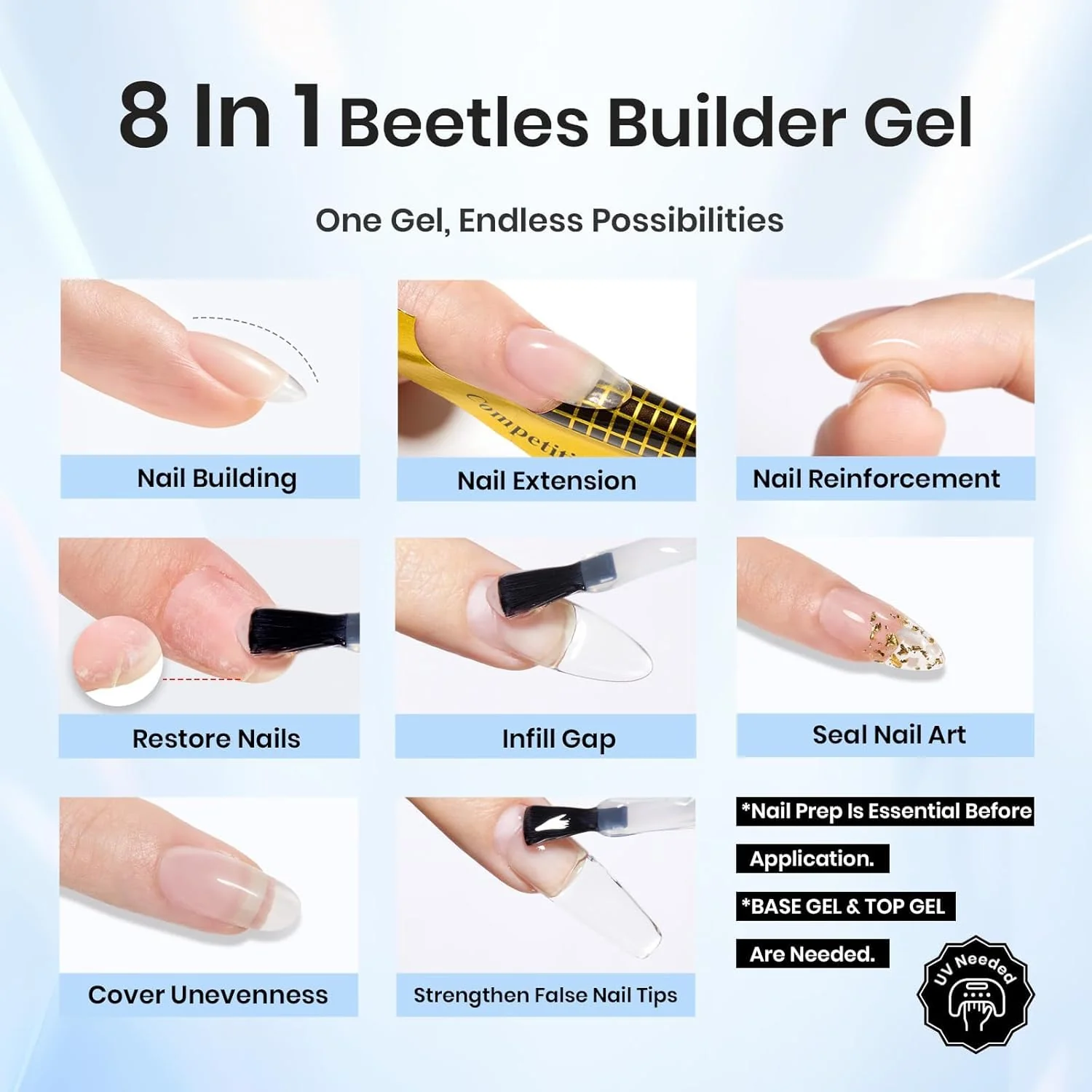 Beetles Builder Gel for Nails - 0.51 oz 8 in 1 Clear Builder Strengthener Gel Enhancement Nail Building Nail - Image 3
