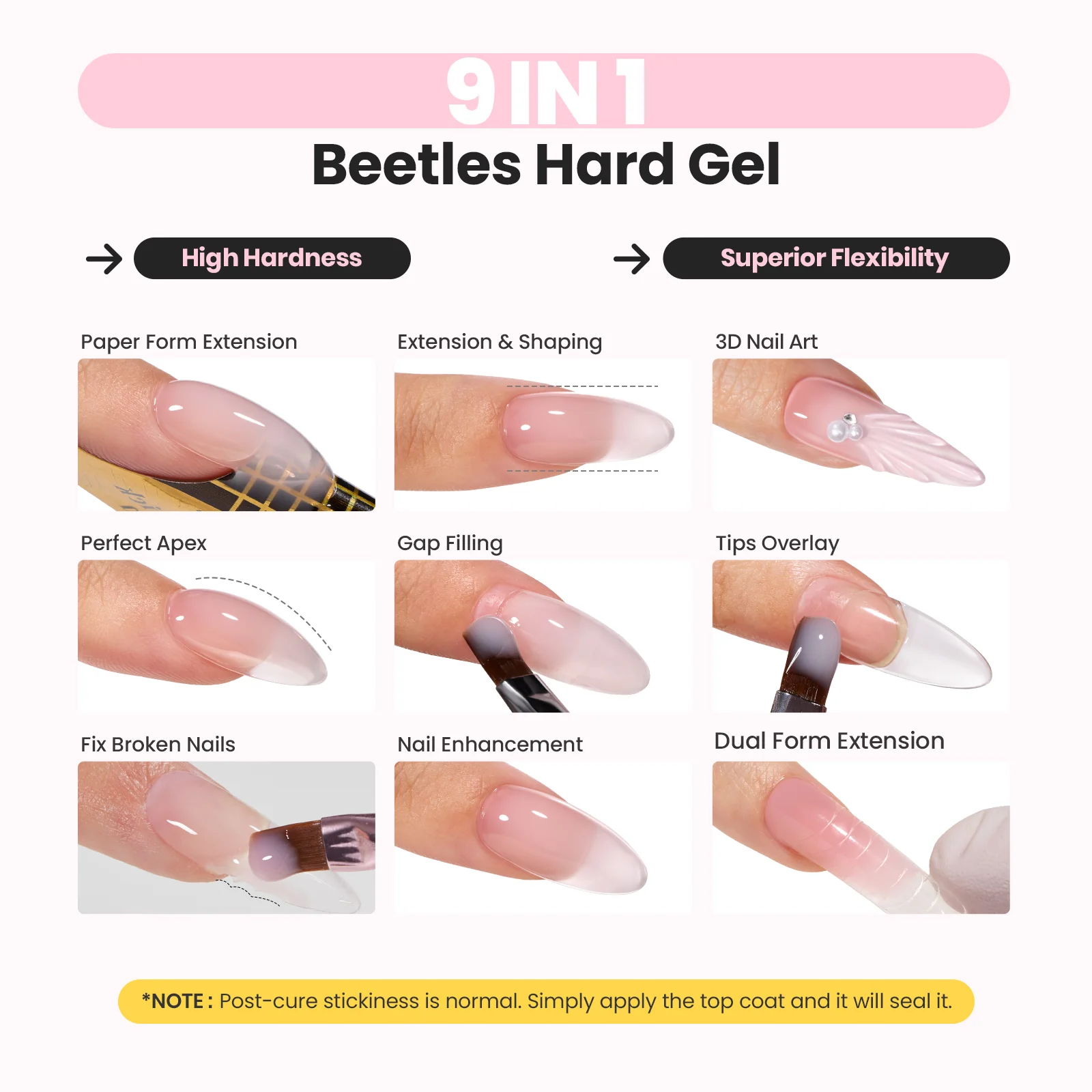 Beetles Builder Gel for Nails, 9 in 1 High Hardness Clear Jelly Glitter Sculpted Gel with Nail Forms Nail Tips Nail Glue Nail Pen Nail Scissors Top Base Coat Nail Extension Kit for Manicurist Women - Image 3
