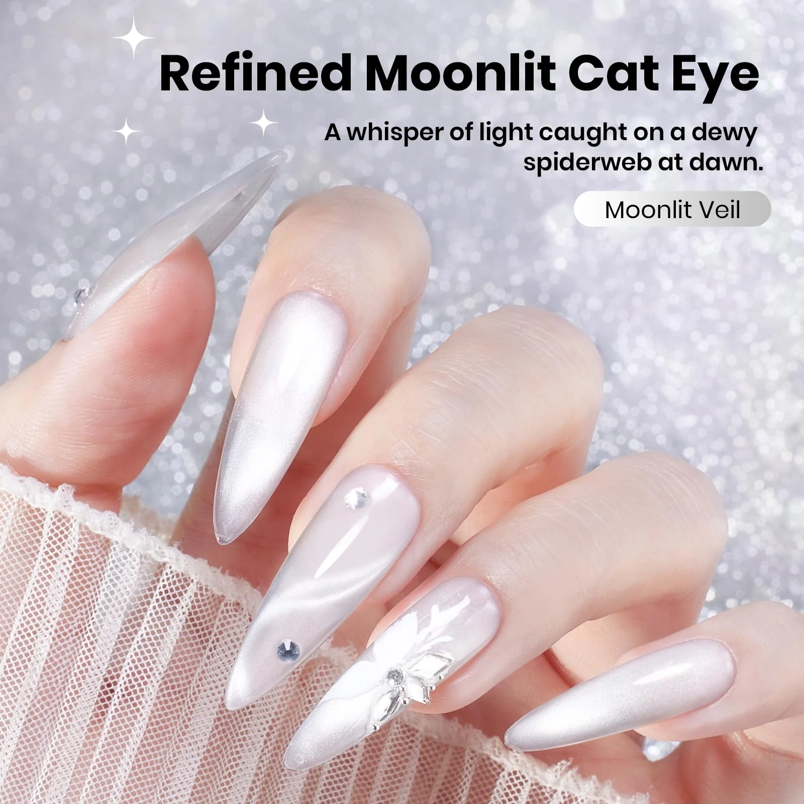 Beetles Moonlit Veil Silver HEMA FREE Spring Nails Cat Eye Gel Nail Polish - 15ML Glassy Silver Glitter Gel Polish - Image 4