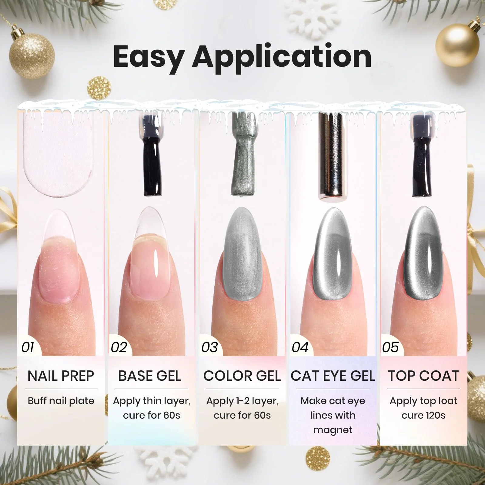 Beetles Prismatic Winter Nails  Cat Eye Gel Nail Polish - 15ML Christmas Silver Glitter Rainbow Cat Eye Gel Polish - Image 8