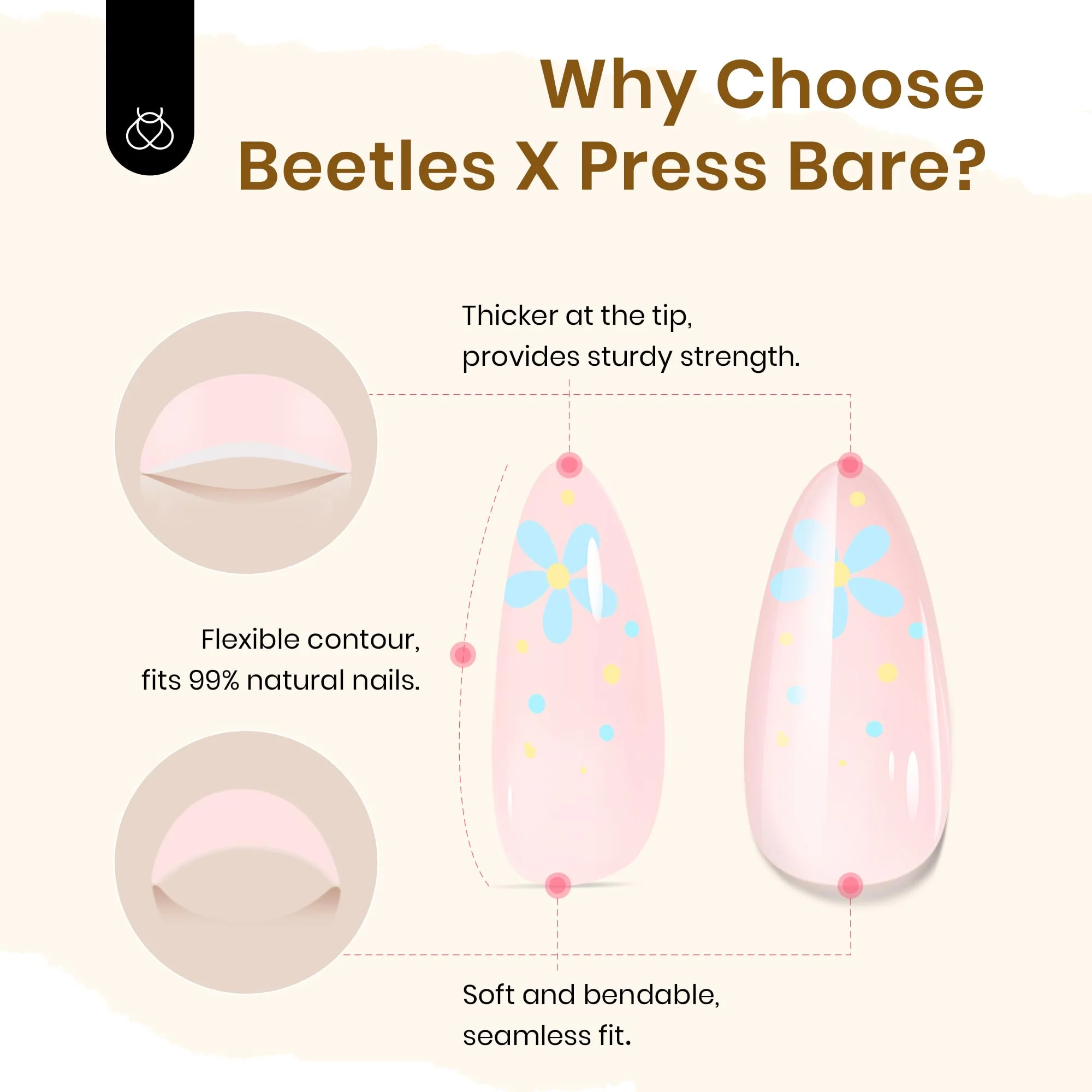 First Blossom | Beetles  BARE Press On Nails Medium Almond  Girls (15 Sizes-30Pcs) - Image 5