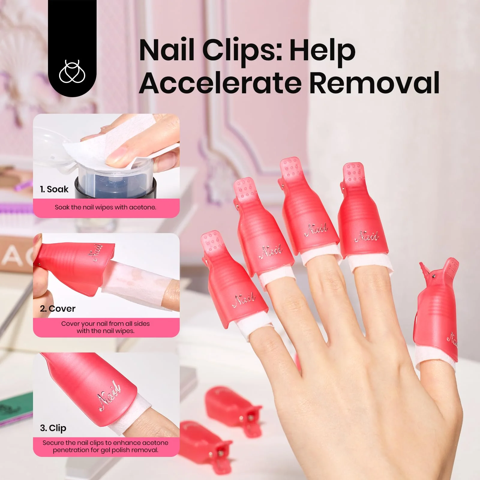 Gel Polish Remover Kit: 450 Lint Free Nail Wipes, 10 Remover Clips, Cuticle Oil, Pusher, Nail File - Image 3