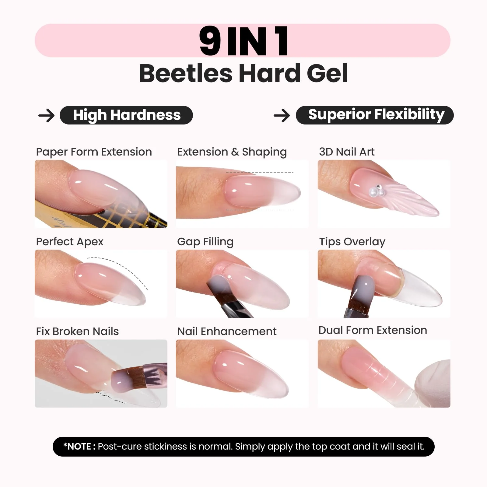HEMA-Free Hard Gel for Spring Nails -1.06oz 9 in 1 Jelly Pink Cured Sculpting Stengthener Gel for Nail Extension - Image 3