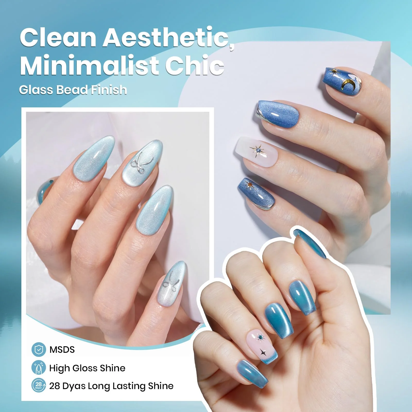 Moonlit Mist - Blue Glitter Glass Spring Nails  Cat Eye  6 Colors Gel Polish Set - Image 4