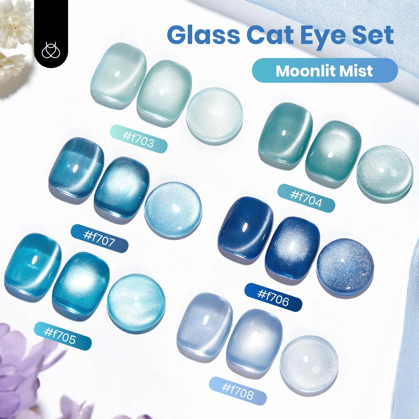 Moonlit Mist - Blue Glitter Glass Spring Nails  Cat Eye  6 Colors Gel Polish Set - Image 5