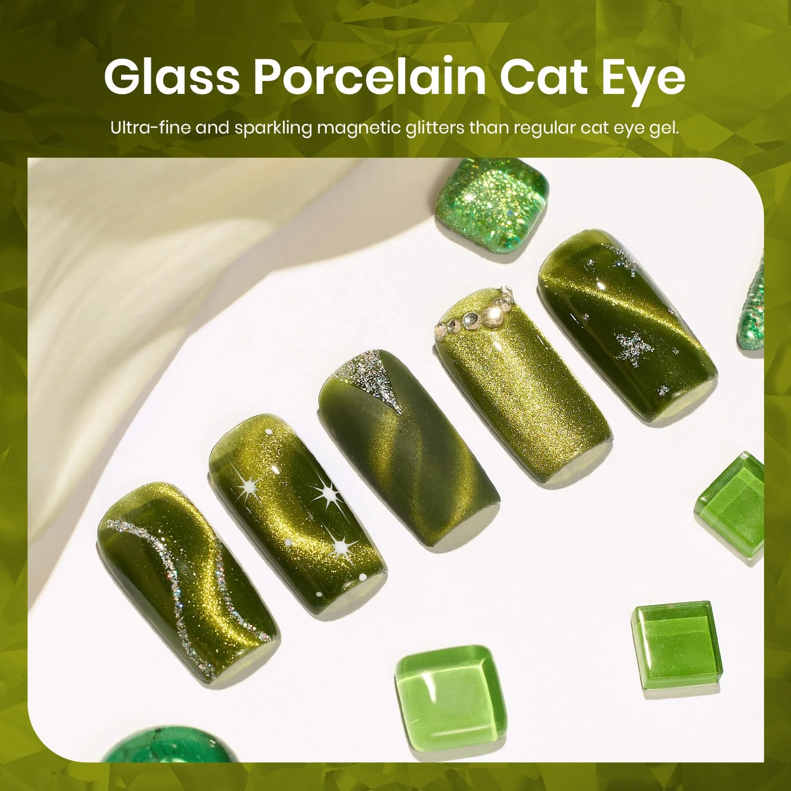 Olive Green Cat Eye Gel |15ml Holographic Glitter Nail Gel Polish - Image 3
