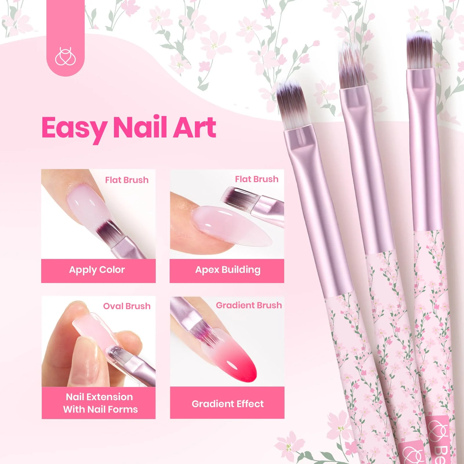 Pink Color Gel & Floral Nail Brushes: Precision Gel Application - Image 3